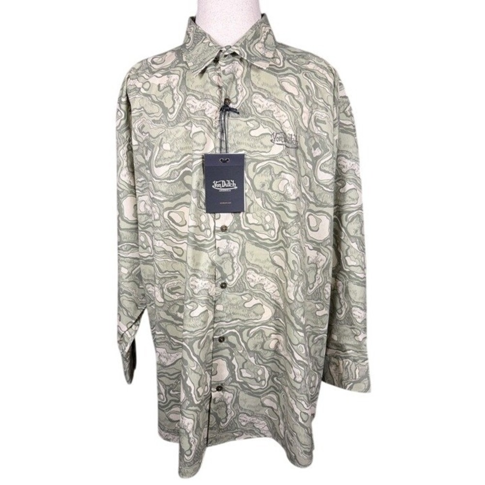 Von Dutch Mens 3XL Beige Green Abstract Topographic Button Down Shirt NWT